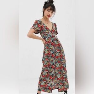ASOS Bright Ditsy Floral Jersey Crepe Tea Dress Maxi Feminine Flutter Sleeve 10